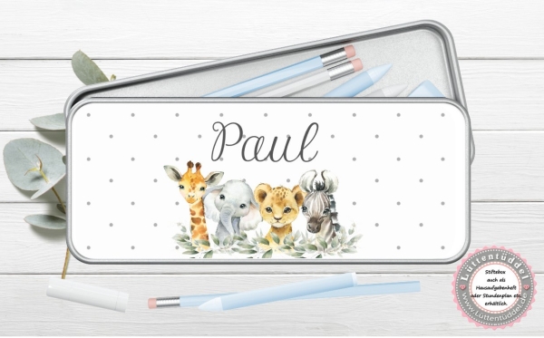 süße Stiftebox Geschenkdose Metal Safarie Name personalisiert zur Einschulung oder nur so für Spickzettel und kleine Briefchen  von Lüttentüddel®